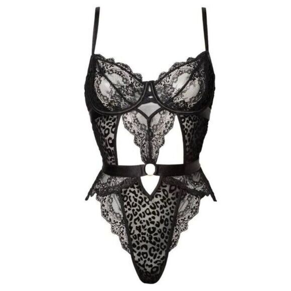 Black Underwire Leopard Print Floral Scalloped Lace Teddy Lingerie - Picture 1 of 10